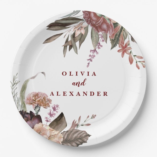 Assiettes En Carton Boho Burgundy Roses tombent mariages floraux (Devant)