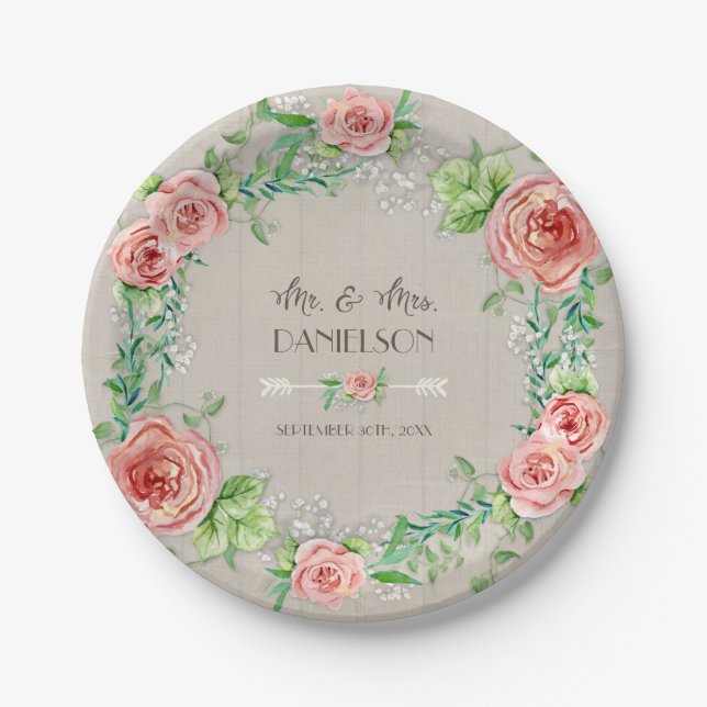 Assiettes En Carton BOHO Chic Bohème Rustique Floral Gris Grange Bois (Devant)