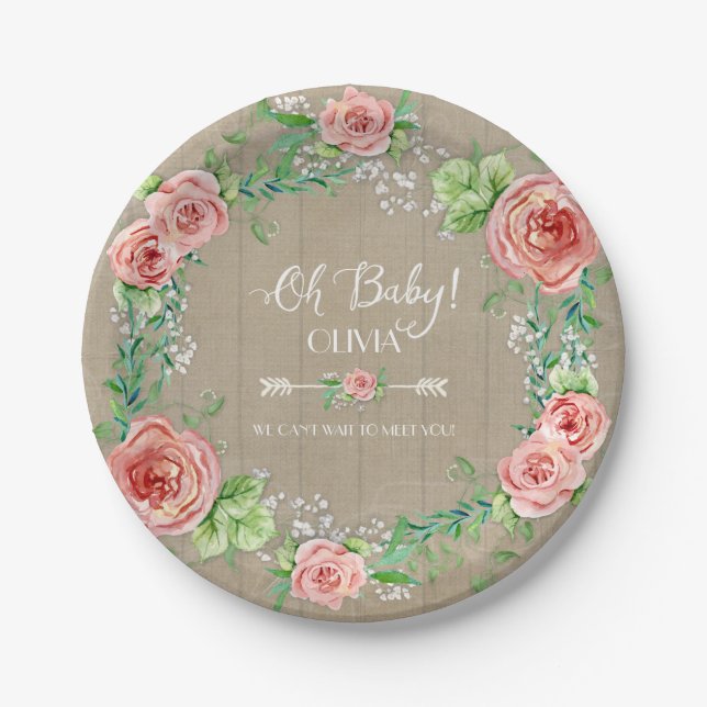 Assiettes En Carton BOHO Chic Oh Baby Girl Douche Bois Aquarelle (Devant)
