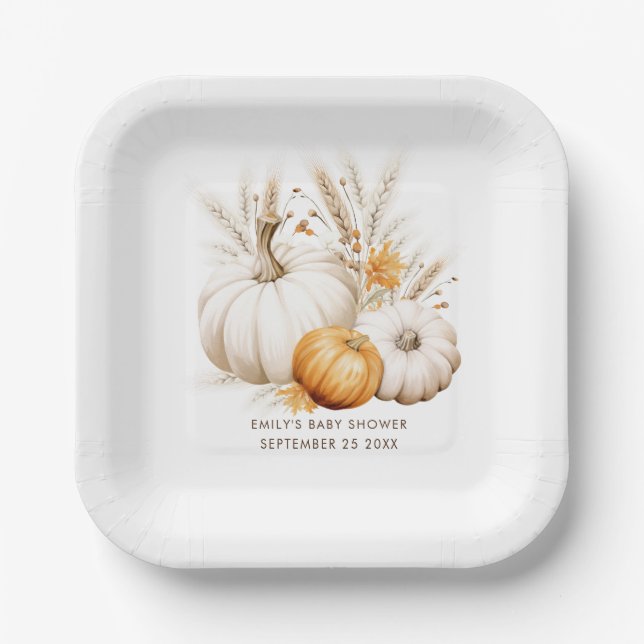 Assiettes En Carton Boho Citrouille Pampas Grasses Nom Date Baby showe (Recto)