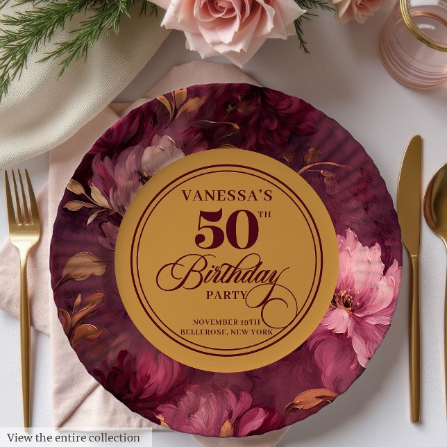 Assiettes En Carton Boho classique Bourgogne Blush Gold 50e anniversai (Classic Boho Burgundy Blush Gold 50th Birthday Paper Plates)