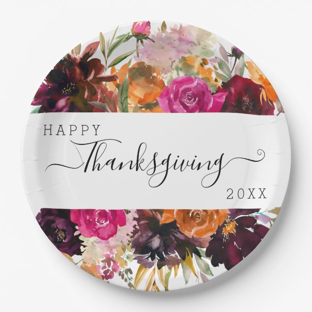 Assiettes En Carton Boho d'automne aquarelle florale Thanksgiving (Devant)