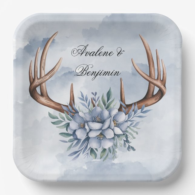 Assiettes En Carton Boho Deer Antler avec Mariage Floral bleu (Recto)