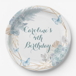 Assiettes En Carton Boho Dusty Bleu Papillon Géométrique Anniversaire