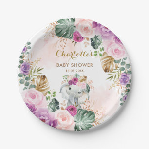Assiettes En Carton Boho Elephant Blush Purple Floral Jungle Baby Girl