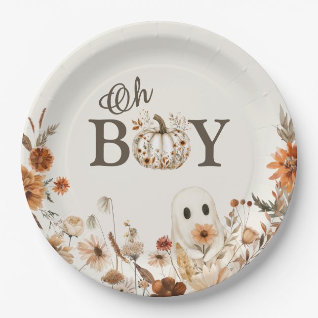 Assiettes En Carton Boho Fall Ghost Floral Oh Boy Baby Shower  (Devant)
