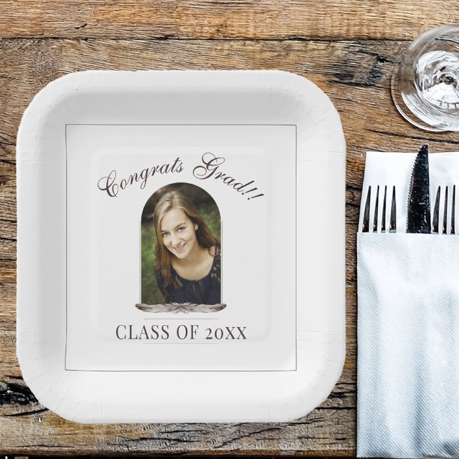 Assiettes En Carton Boho Feather Frame Photo Graduation Party (Boho Feather Frame Photo Graduation Party Paper Plates)