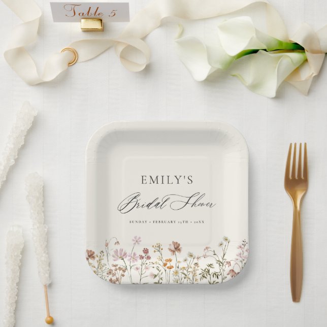 Assiettes En Carton Boho Fleur sauvage Fête des mariées Jardin Script (Mariage)