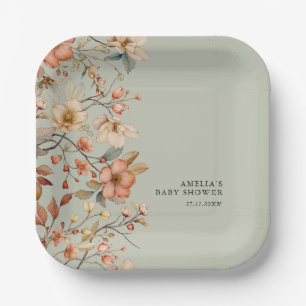 Assiettes En Carton Boho Fleur sauvage Floral Sage Baby shower vert