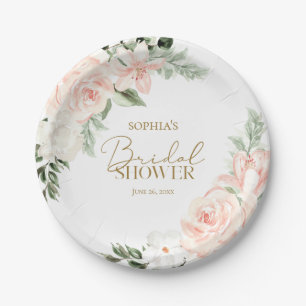 Assiettes En Carton Boho Floral Blush Rose Sage Fête des mariées verte