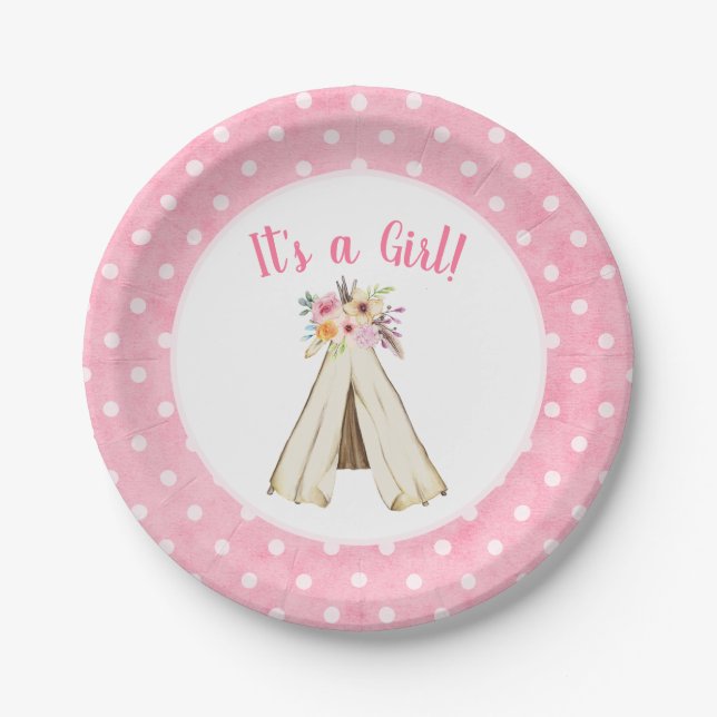 Assiettes En Carton Boho Floral Tribal Teepee Girl Baby shower (Devant)