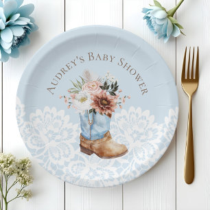 Assiettes En Carton Boho Floral Western Blue Cowboy Boot Baby shower