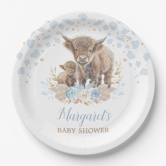 Assiettes En Carton Boho Highland Vache Floral Pampas Grass Baby Boy (Devant)