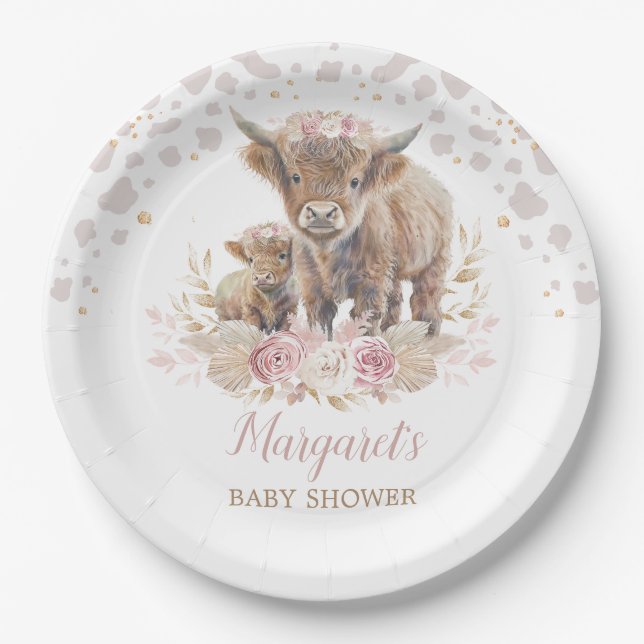 Assiettes En Carton Boho Highland Vache Floral Pampas Grass Baby Girl (Devant)