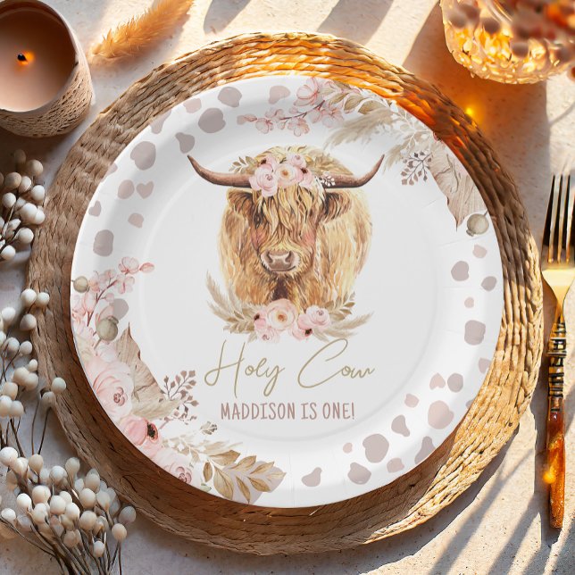 Assiettes En Carton Boho Holy Cow Highland Pampas 1er Anniversaire (Créateur téléchargé)