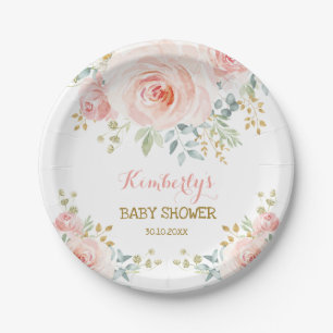 Assiettes En Carton Boho mou rougissent baby shower floral d'or rose