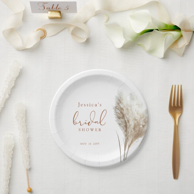 Assiettes En Carton Boho Neutral Fluffy Pampas Grass Fête des mariées (Mariage)