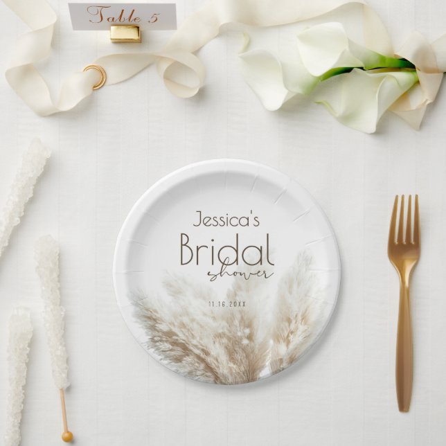 Assiettes En Carton Boho Neutre Douce Plumeaux Herbe de Pampas Fête de (Mariage)