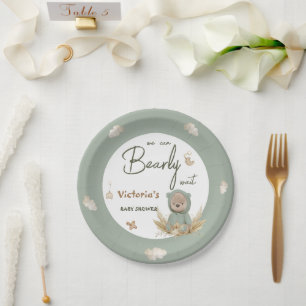 Assiettes En Carton Boho Nursery Green Teddy Bear Baby shower