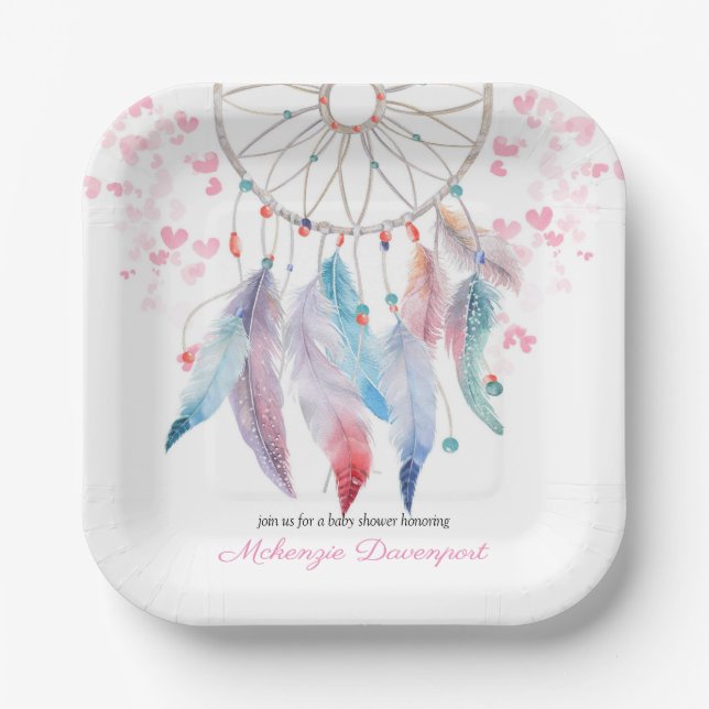 Assiettes En Carton Boho Pastel Feathers Dreamcatcher Girl Baby shower (Recto)