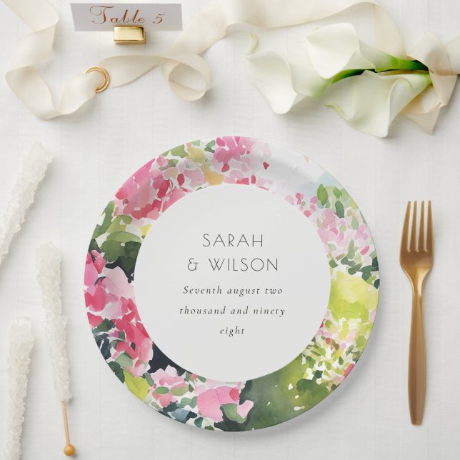 Assiettes En Carton Boho Pink Green Bougainvillea Mariage (Mariage)