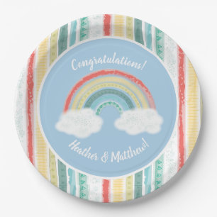 Assiettes En Carton Boho Rainbow Baby shower Blue Boy