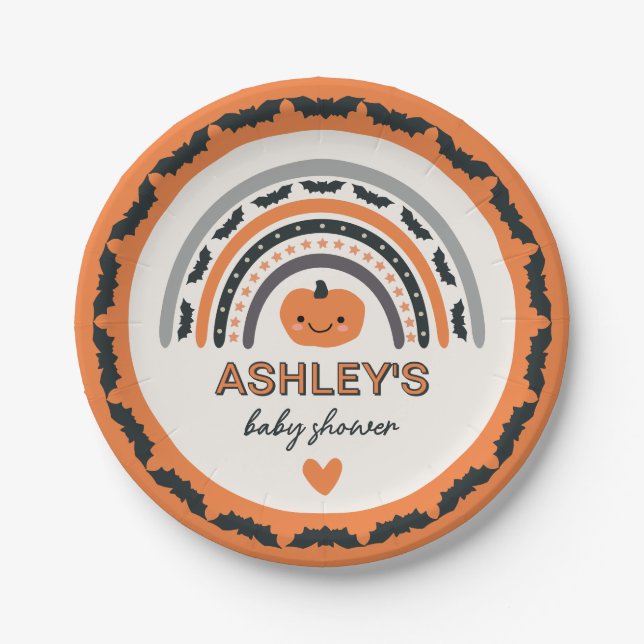 Assiettes En Carton Boho Rainbow Bats Orange Halloween Baby shower (Devant)