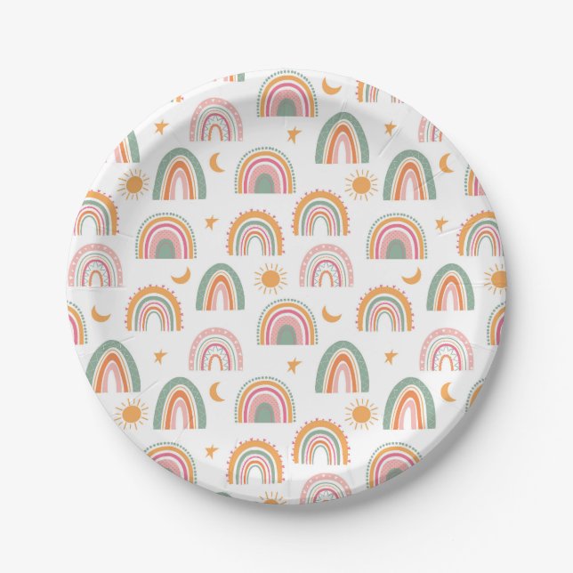 Assiettes En Carton Boho Rainbow et Sun Watercolor (Devant)