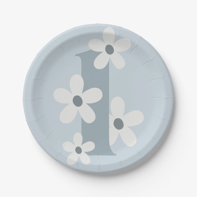 Assiettes En Carton Boho Retro Daisy 1er Blue Super Anniversaire (Devant)