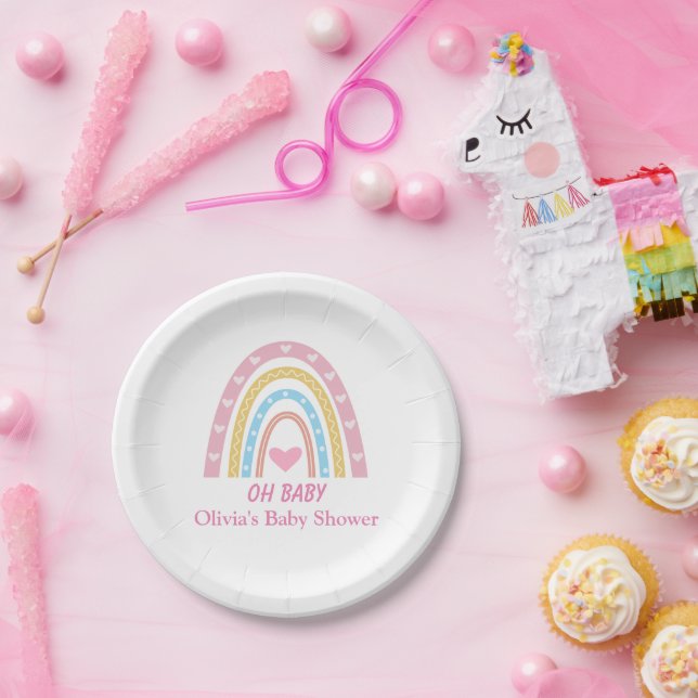 Assiettes En Carton Boho rose bleu jaune arc-en-ciel Oh Baby shower (Fête)