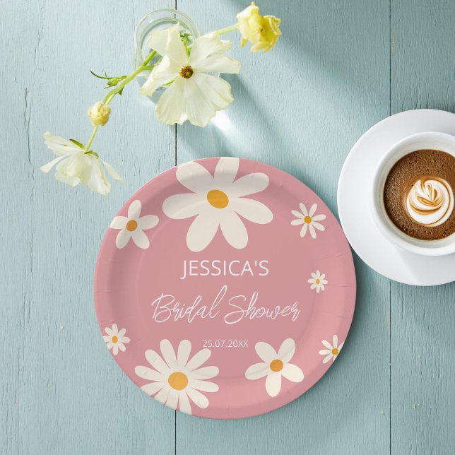 Assiettes En Carton Boho rose désert rose de marée rétro douche (Retro daisy pink boho desert pink bridal shower monogrammed customized printed  paper plates)