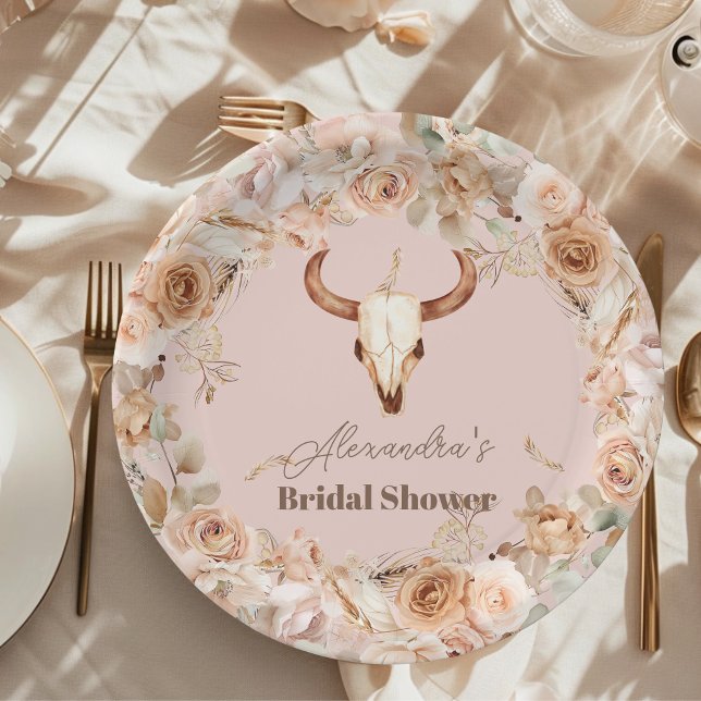 Assiettes En Carton Boho rose Fête des mariées occidentale florale (Créateur téléchargé)