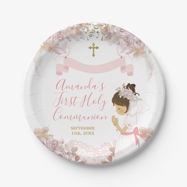 Assiettes En Carton Boho Rose Floral Girl FIRST Holy Communion Cross (Devant)