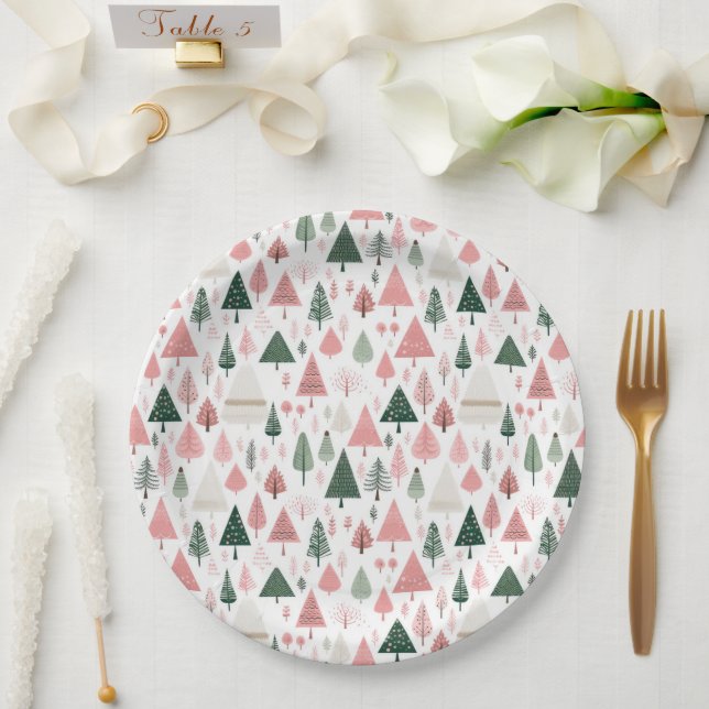 Assiettes En Carton Boho rose vert Noël Arbres Noël Noël Fêtes (Mariage)