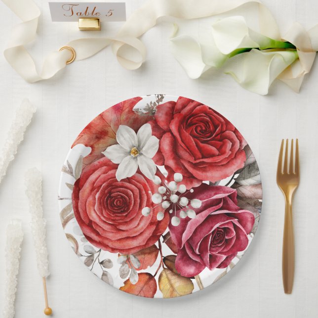Assiettes En Carton Boho rouge automne Florals Mariage (Mariage)