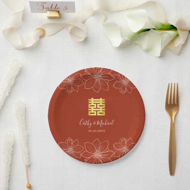 Assiettes En Carton Boho rouge moderne floral mariage chinois (Mariage)