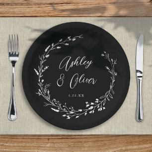 Assiettes En Carton Boho rustique Fleur sauvage noir Mariage botanique