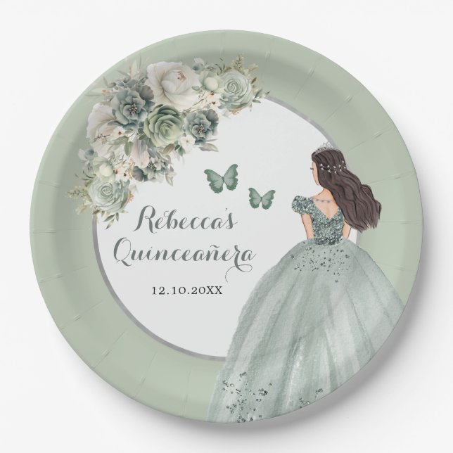 Assiettes En Carton Boho Sage Green Royal Princess Girl Sweet 16 Años (Devant)