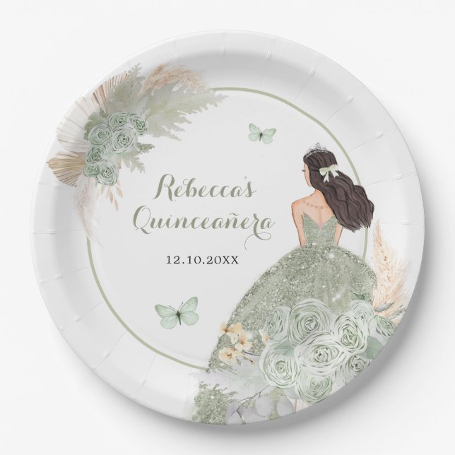 Assiettes En Carton Boho Sage Vert Floral Quinceañera Plaque Papier (Devant)