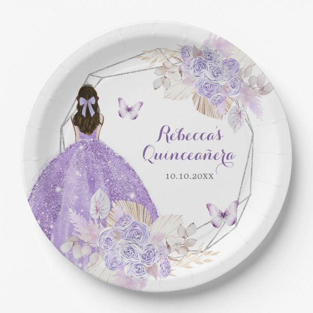 Assiettes En Carton Boho Silver Purple Floral Butterfly Quinceañera (Devant)