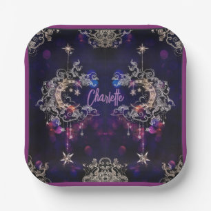 Assiettes En Carton Boho Stars & Moon Purple Ajouter Nom Anniversaire