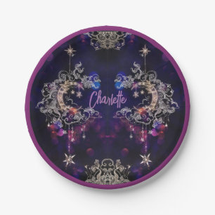 Assiettes En Carton Boho Stars & Moon Purple Nom Anniversaire Fête