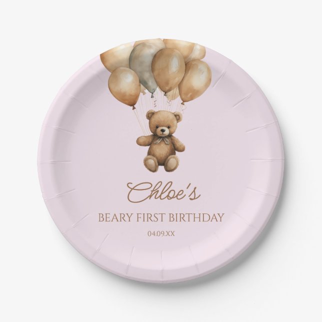Assiettes En Carton Boho Teddy Bear Beary Première fête d'anniversaire (Devant)