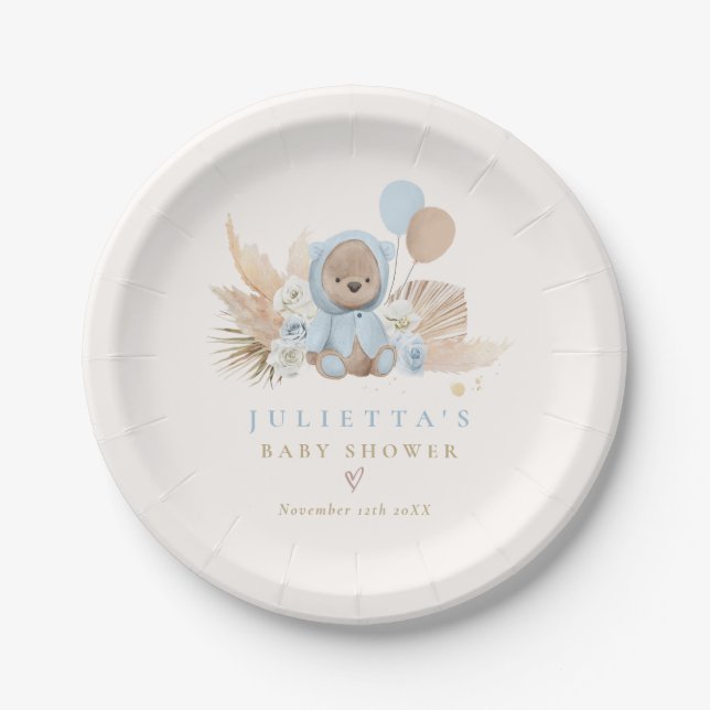 Assiettes En Carton Boho Teddy Bear Bleu Bearly Wait Baby shower (Devant)