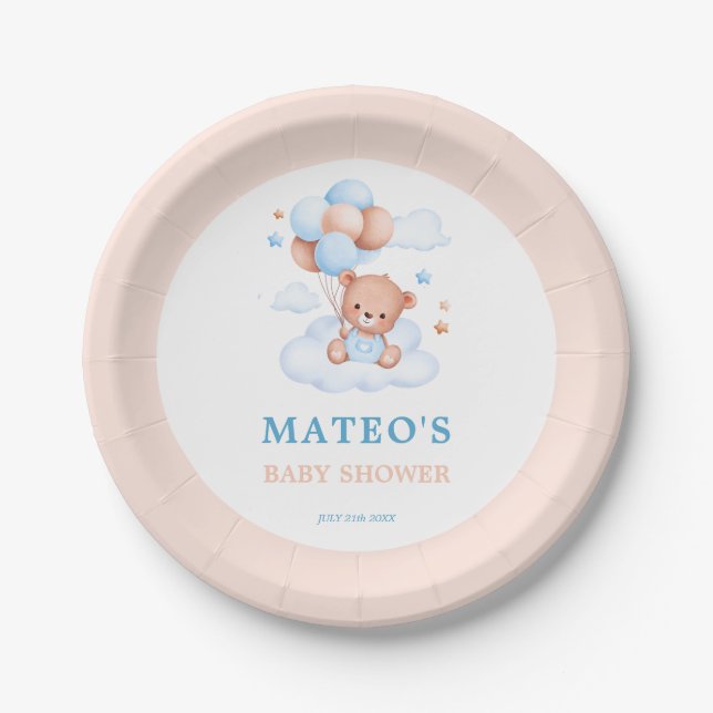 Assiettes En Carton Boho Teddy Bear Bleu Tan Bearly Wait Baby shower (Devant)