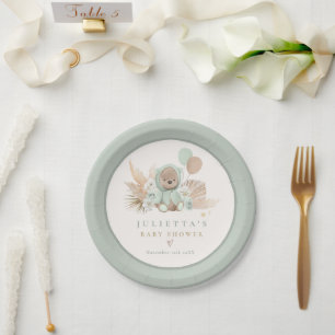 Assiettes En Carton Boho Teddy Bear Sage Green Bearly Wait Baby shower