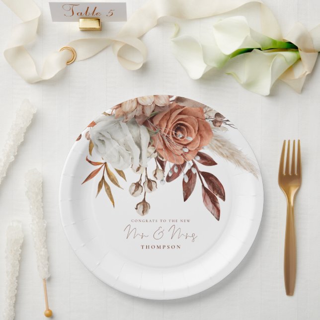 Assiettes En Carton Boho Terracotta Florals Félicitations M. Mme la Ma (Mariage)