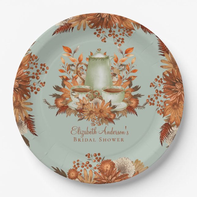 Assiettes En Carton Boho Terracotta Sage Tea Party Diner vaisselle (Devant)