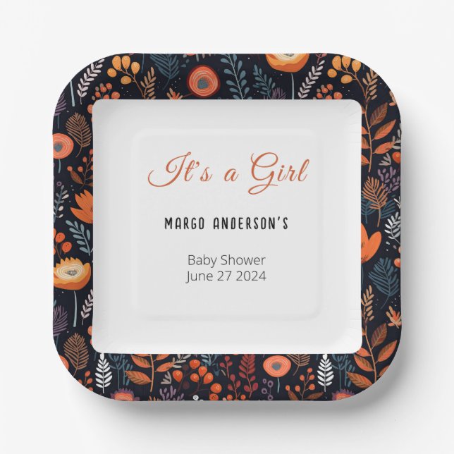 Assiettes En Carton BOHO Turquoise Automne Automne Floral Girl Baby sh (Recto)