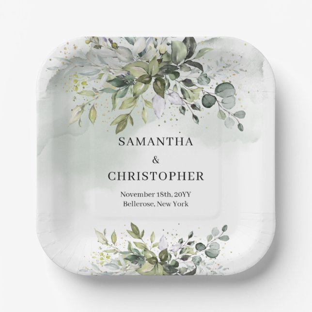 Assiettes En Carton Boho vert et or eucalyptus feuillage chic (Recto)